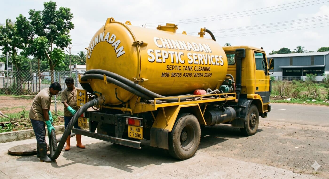 Chinnadan Septic Services vacuum tanker performing septic tank cleaning in Kochi, Kerala