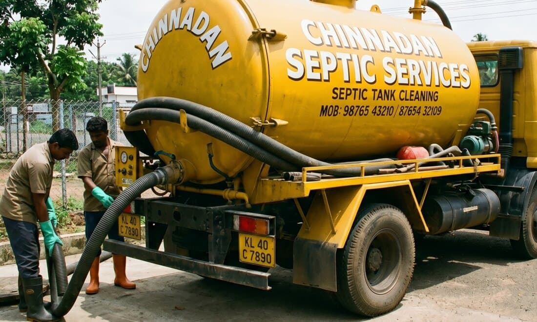 Chinnadan Septic Services team performing professional septic tank cleaning in Kochi with licensed Mahindra vacuum tanker